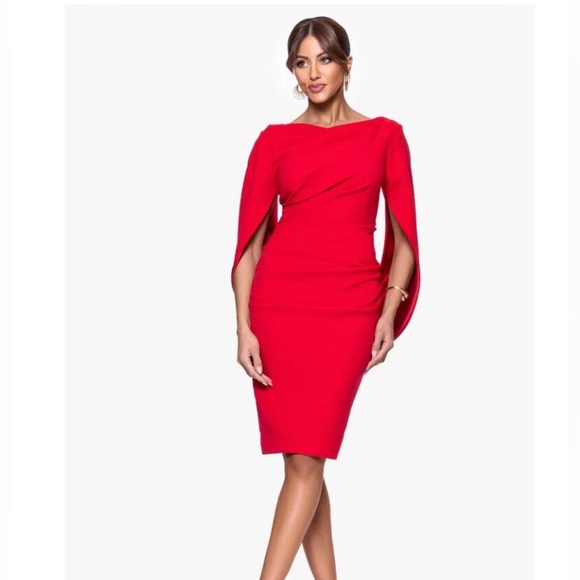 Size 16 women’s red cape dress by Betsy & Adam Elegant Red Cape Sleeve Dress wow - Picture 2 of 6